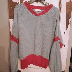 Umgee V-Neck Sweater in Blue and Red